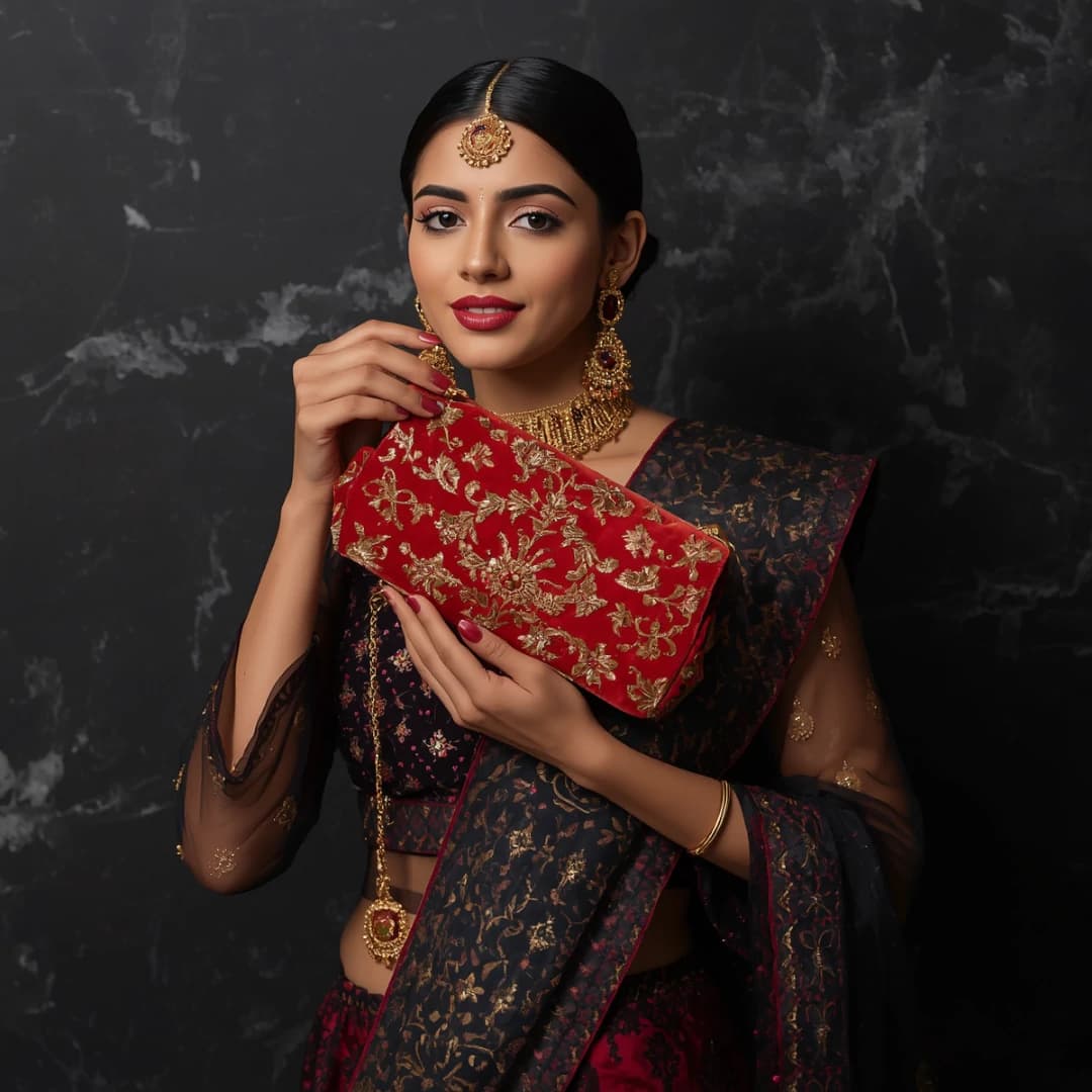 Embroidered Red Velvet Clutch