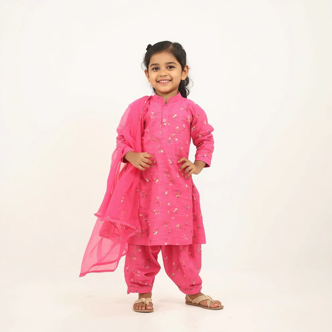 Kids Pink Floral Cotton Kameez Set