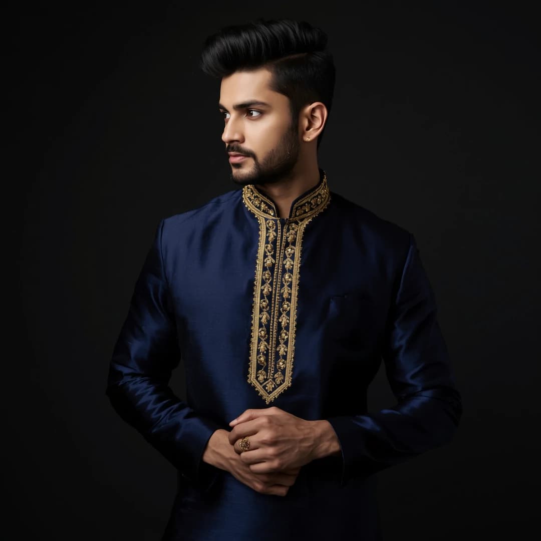 Midnight Blue Katan Silk Panjabi