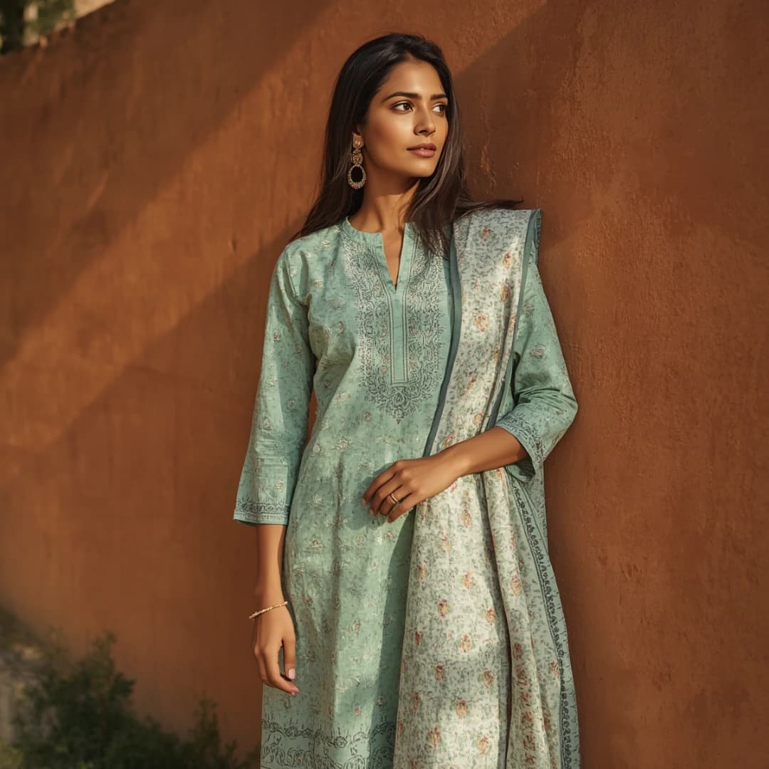 Mint Green Block Printed Kameez Set
