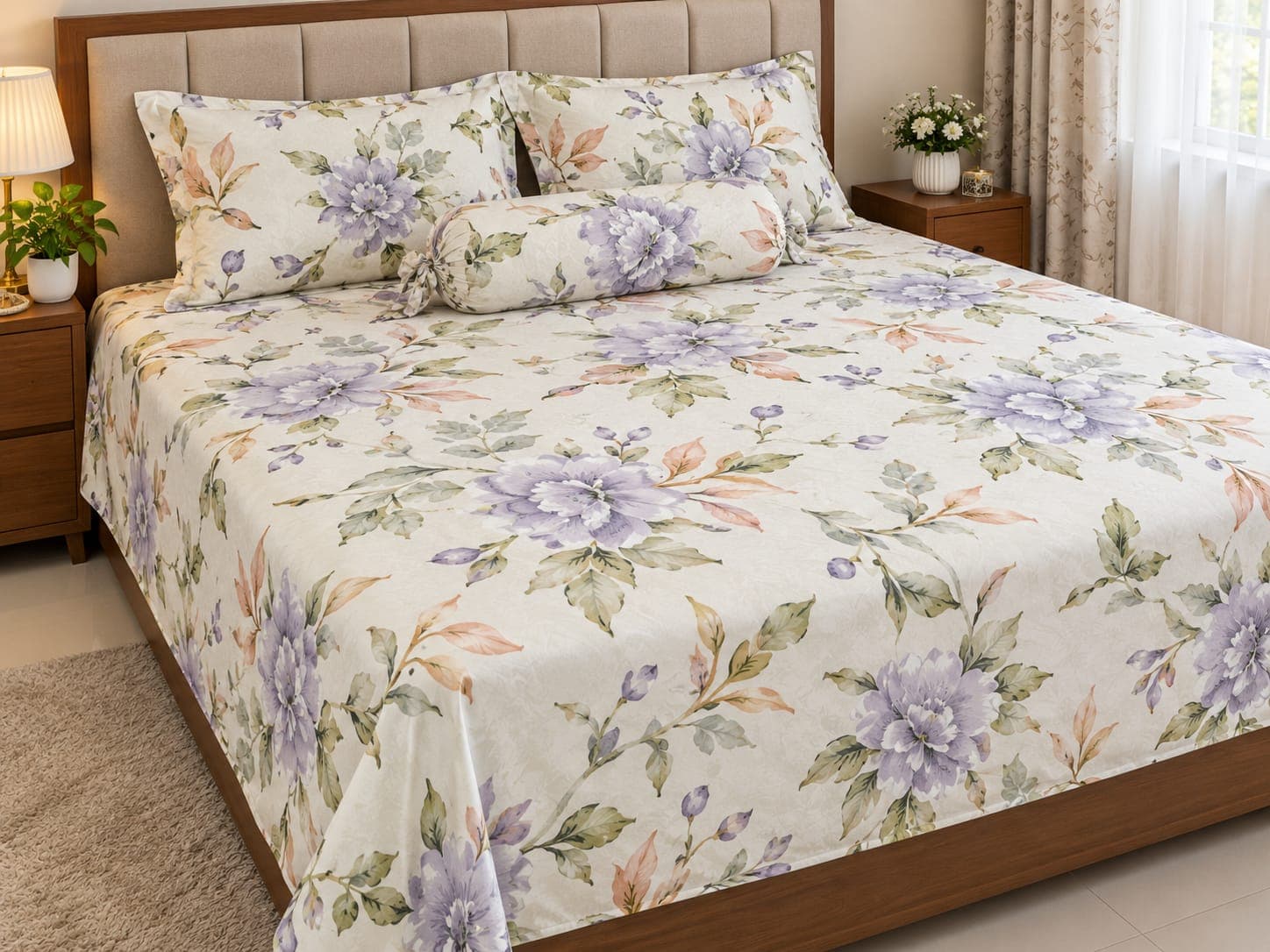 Premium Lavender Blossom Floral Bedsheet Set 