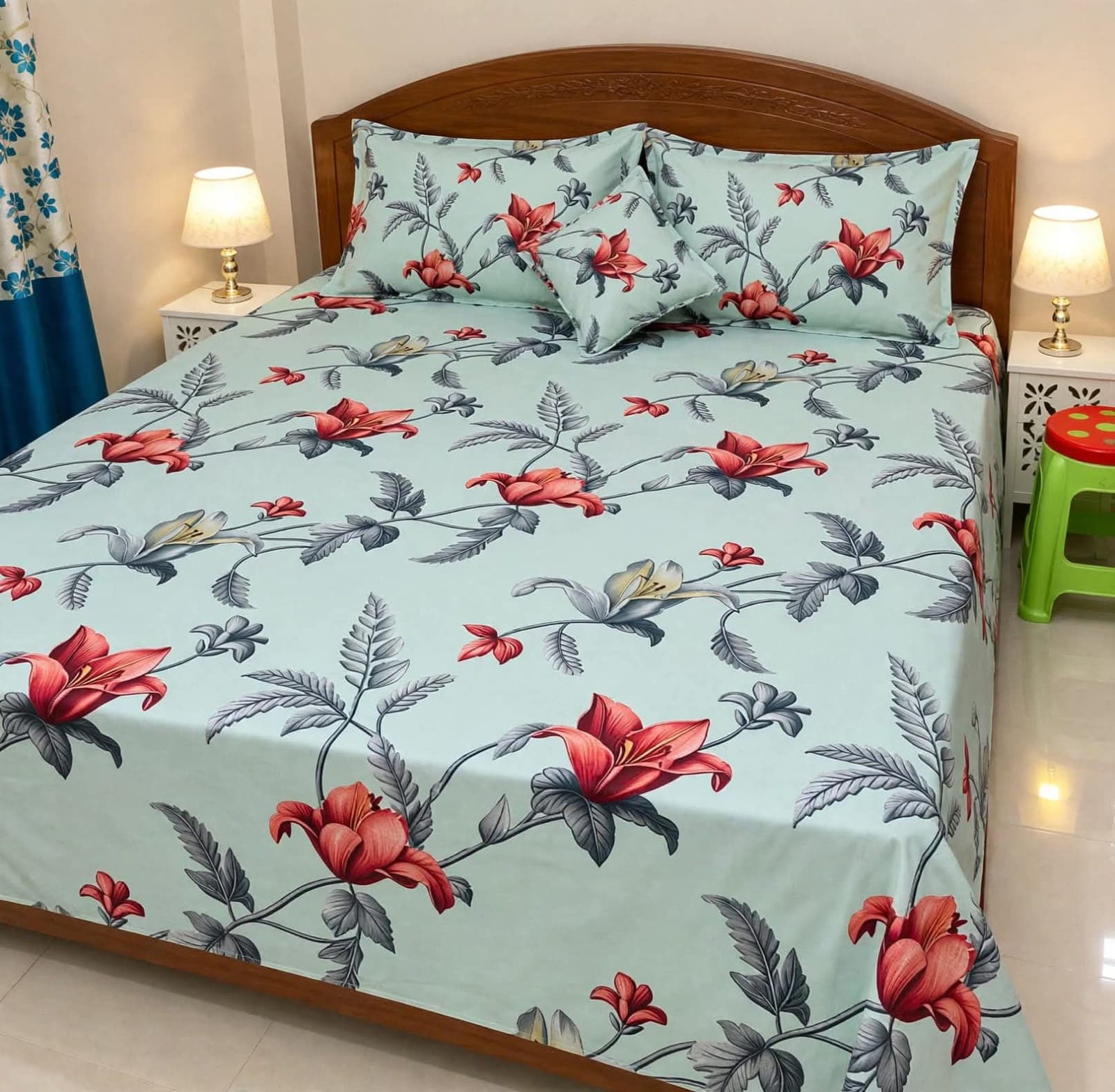 Premium Mint Green Floral Bedsheet Set – Elegant Red Blossom Design