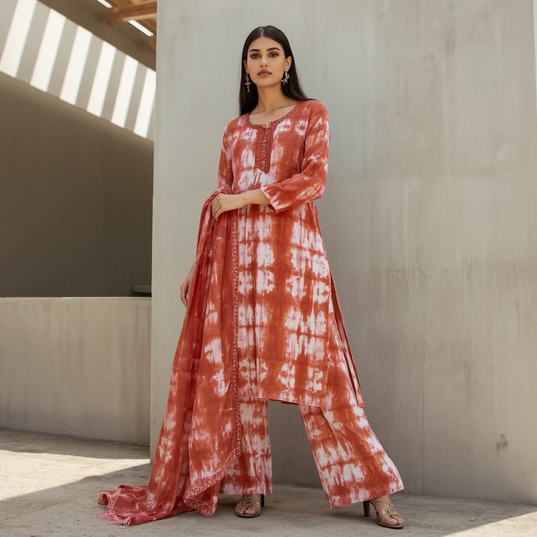 Rust Orange Tiedye Shalwar Kameez