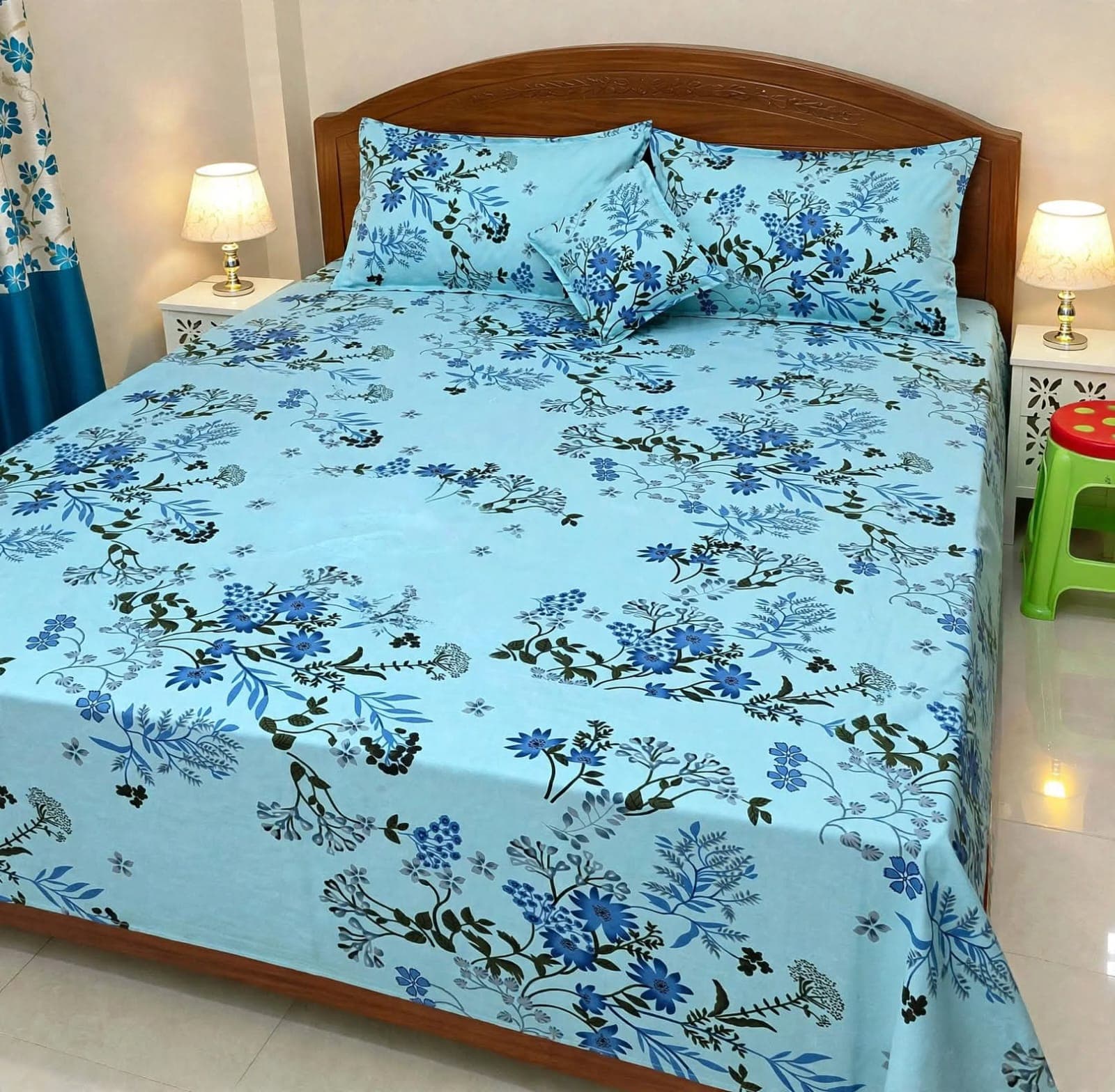 Premium Blue Floral Bedsheet